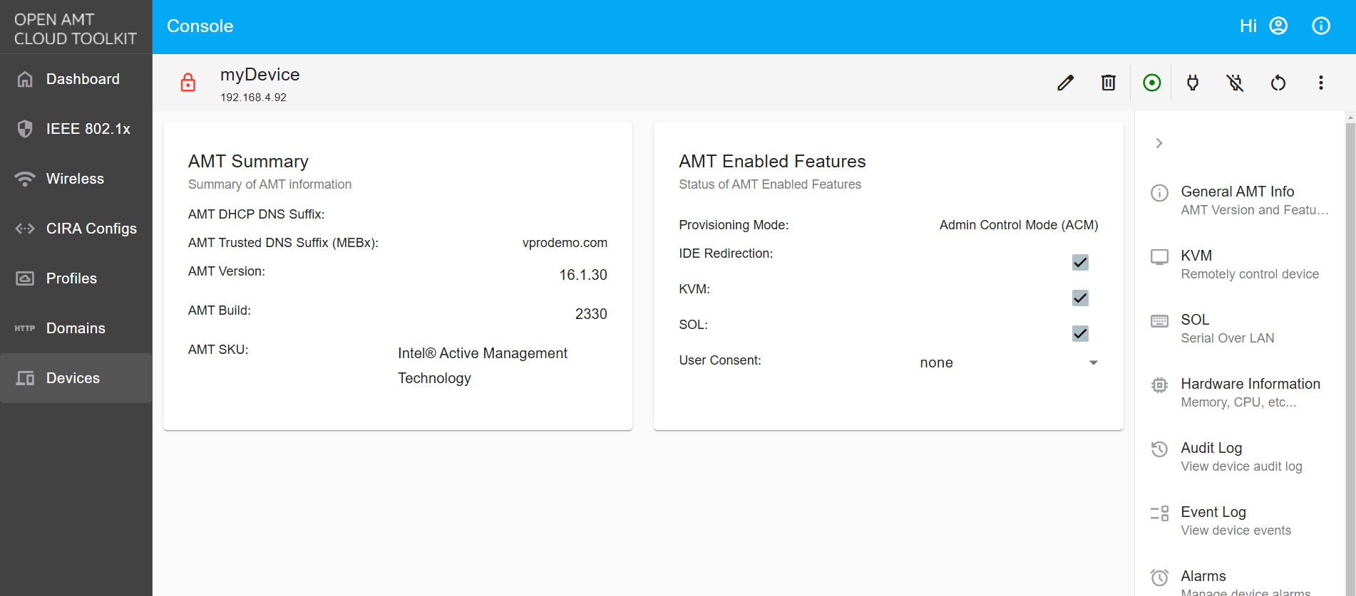 Figure 2: Device Page and Options